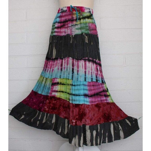 Sacred Threads L XL Colorful 6 Tier Tie-Dye Elastic Waist Cotton Gypsy Skirt - Picture 1 of 6